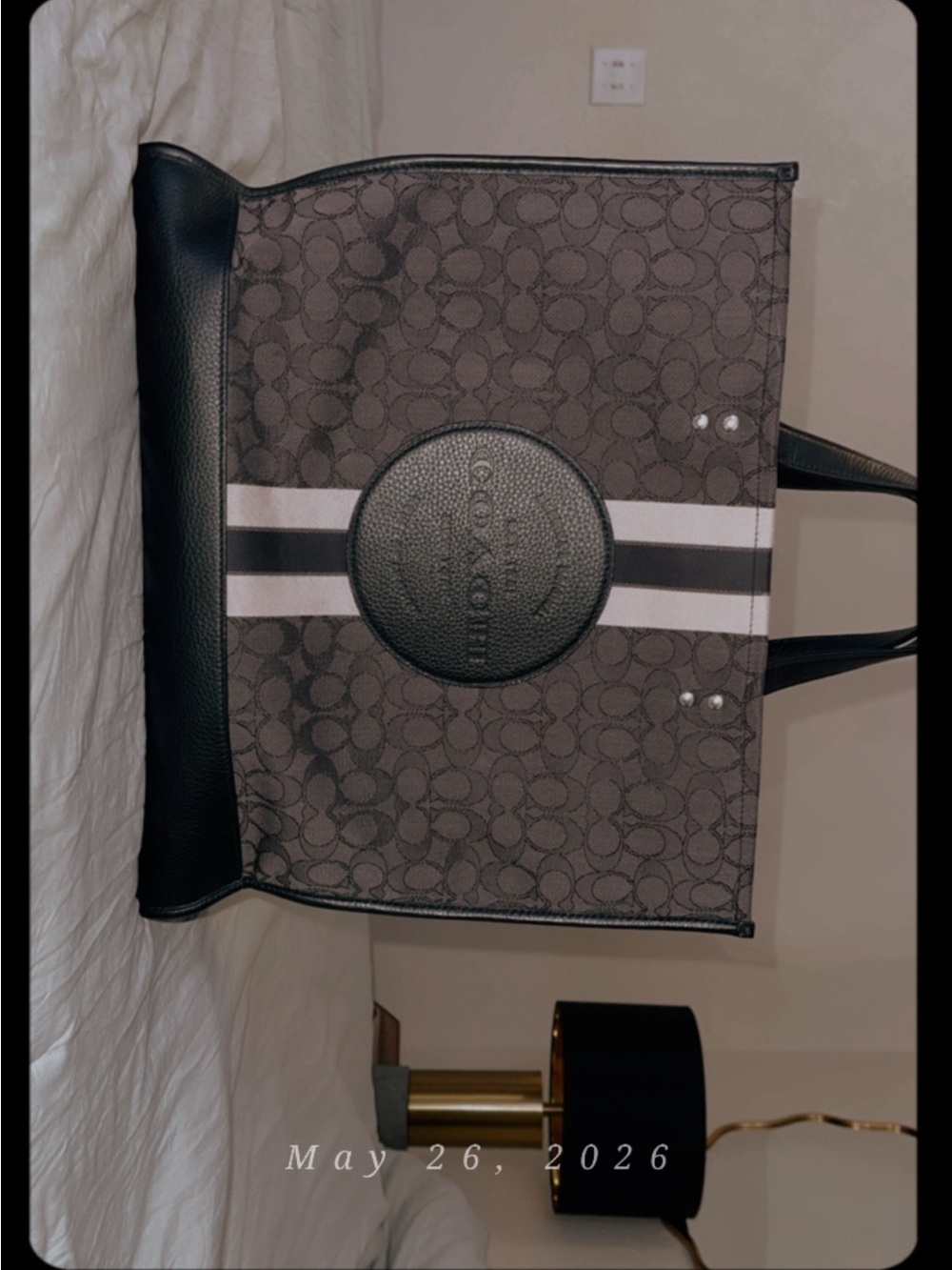 Coach Dempsey 40 black Signature Tote with Black and White Stripes